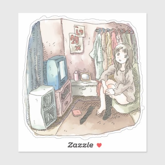 さやしくじ 衣類のかけてある部屋の座椅子に座ってテレビを見ながら靴下をはいている女性のイラスト シール (シート)