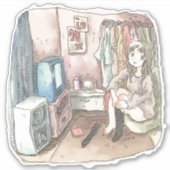 さやしくじ 衣類のかけてある部屋の座椅子に座ってテレビを見ながら靴下をはいている女性のイラスト シール (正面)