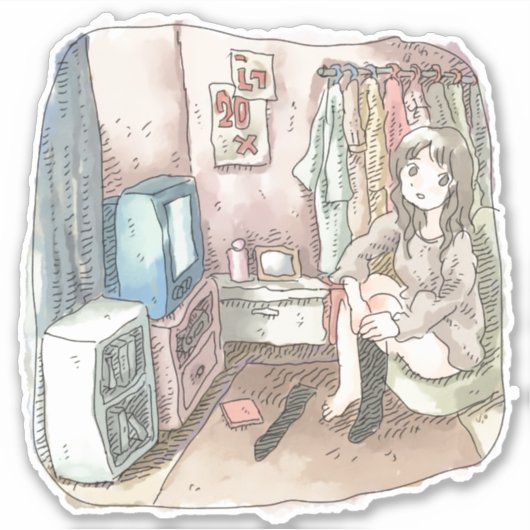 さやしくじ 衣類のかけてある部屋の座椅子に座ってテレビを見ながら靴下をはいている女性のイラスト シール (正面)