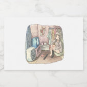 さやしくじ 衣類のかけてある部屋の座椅子に座ってテレビを見ながら靴下をはいている女性のイラスト フードラベル (シングルラベル)