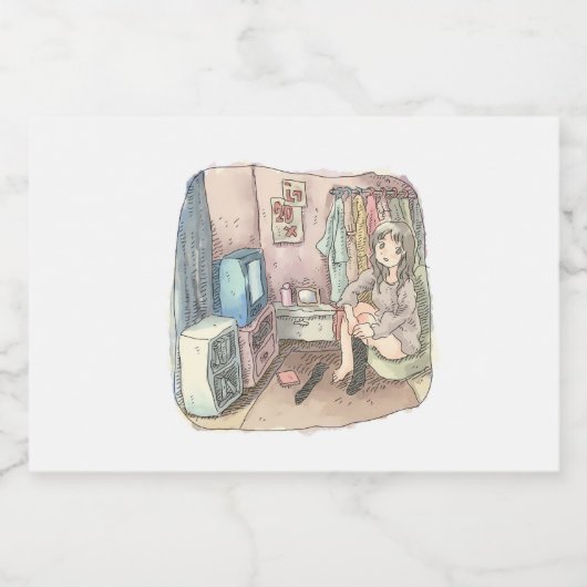 さやしくじ 衣類のかけてある部屋の座椅子に座ってテレビを見ながら靴下をはいている女性のイラスト フードラベル (シングルラベル)
