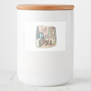 さやしくじ 衣類のかけてある部屋の座椅子に座ってテレビを見ながら靴下をはいている女性のイラスト フードラベル