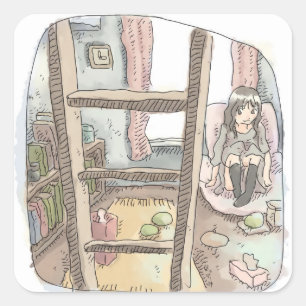 さやしれじ 大きな茶色の梯子の隙間から見えるお部屋の窓際に隅に座っている女性のイラスト スクエアシール