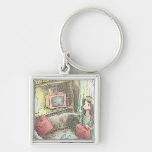さやにくじ テレビのあるほの明るいお部屋で赤いクッションを手に持つ女性のイラスト キーホルダー