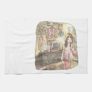 さやにやじ テレビのある薄明るいお部屋で欠伸をする女性のイラスト キッチンタオル