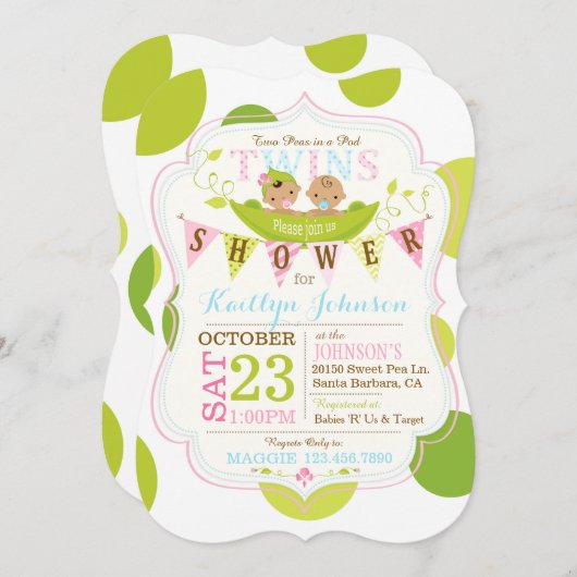 さやの中のエンドウ豆-アジアの双子のベビーシャワー 招待状 (正面/裏面)
