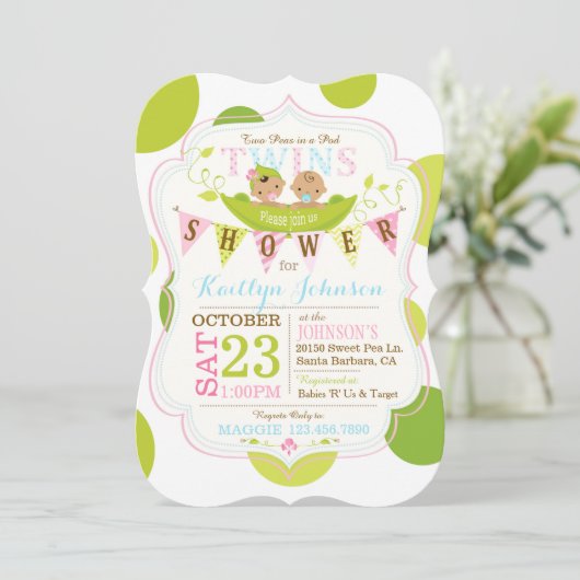 さやの中のエンドウ豆-アジアの双子のベビーシャワー 招待状 (スタンド正面)