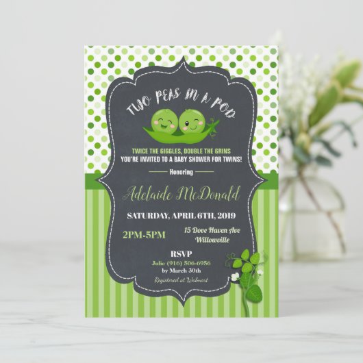 さやの中の2頭の豆が双子の赤ちゃんを男女兼用シャワー 招待状 (スタンド正面)