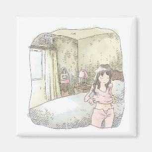 さやれしじ 明るい寝室で部屋着を着替えるリラックスした女性のイラスト マグネット