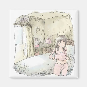 さやれしじ 明るい寝室で部屋着を着替えるリラックスした女性のイラスト マグネット