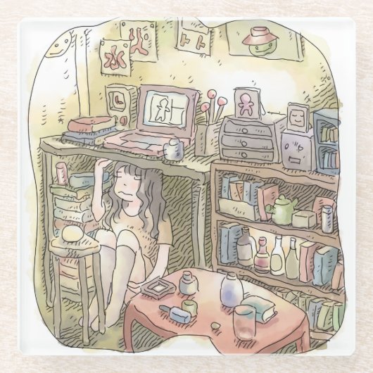 さやれれじ　お部屋の隅っこの作業机の下に潜り込んで座る女性のイラスト ガラスコースター (正面)