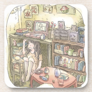さやれれじ  お部屋の隅っこの作業机の下に潜り込んで座る女性のイラスト コースター