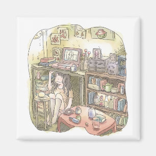 さやれれじ  お部屋の隅っこの作業机の下に潜り込んで座る女性のイラスト マグネット