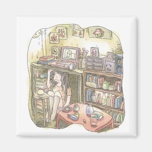 さやれれじ  お部屋の隅っこの作業机の下に潜り込んで座る女性のイラスト マグネット (正面)