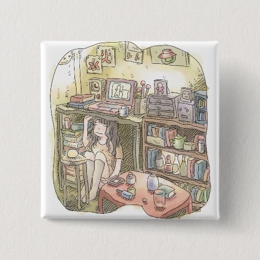 さやれれじ お部屋の隅っこの作業机の下に潜り込んで座る女性のイラスト 缶バッジ (正面)