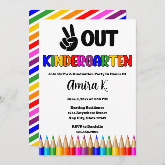 さようなら幼稚園 かわいいカラフルな卒園式 招待状 (正面/裏面)