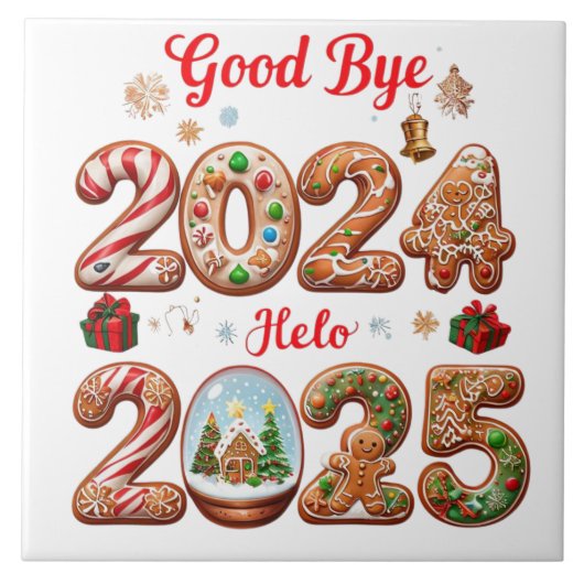 さようなら2024 Hello 2025ハッピーニューイヤーデザイン タイル (正面)
