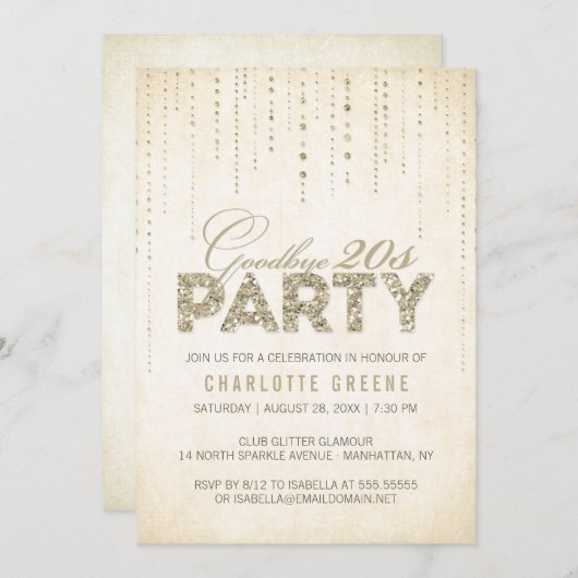 さようなら20s金ゴールドグリッター30th誕生日 招待状 (正面/裏面)