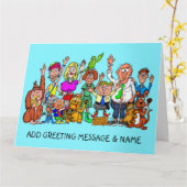 さよならカードを振る漫画の人々の列 カード (黄色い花)