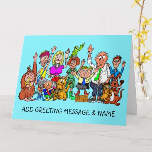 さよならカードを振る漫画の人々の列 カード (黄色い花)