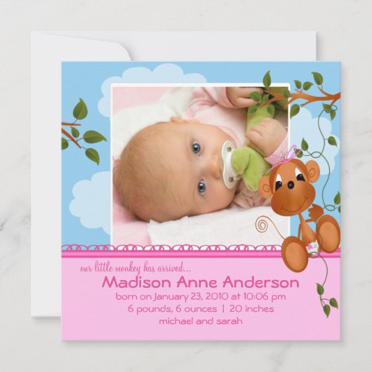 さるの赤ちゃん 女の子 フォトお知らせ 案内状 (正面)