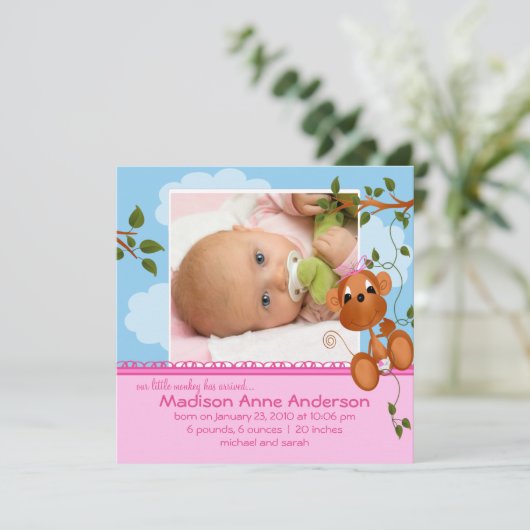 さるの赤ちゃん 女の子 フォト発表 案内状 (スタンド正面)