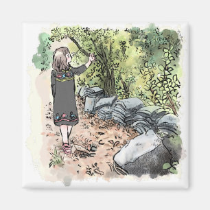 されいいじ 低木の生えた田舎道を散策する女性の水彩イラスト マグネット