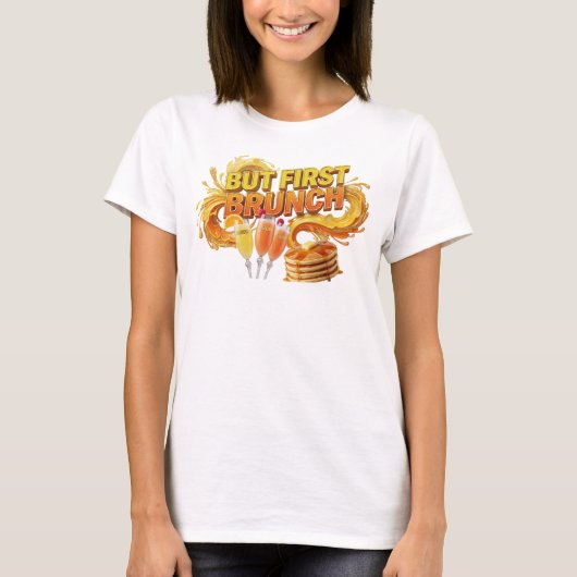 さわやかなオレンジ色のBUT FIRST BRUNCHステートメントTシャツ Tシャツ (正面)