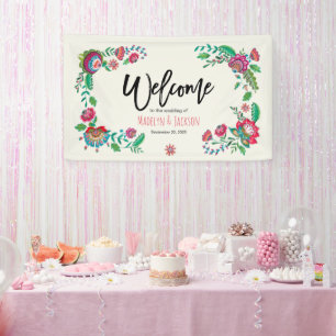 さわやかなターコイズ＆オレンジの明るいフォークフラワー 横断幕