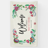 さわやかなターコイズ＆オレンジの明るいフォークフラワー 横断幕 (縦)