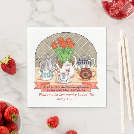 さわやかなティーポットとチューリップコーラルティーパーティー スタンダードランチョンナプキン (インサイチュ)