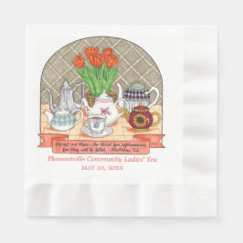 さわやかなティーポットとチューリップコーラルティーパーティー スタンダードランチョンナプキン