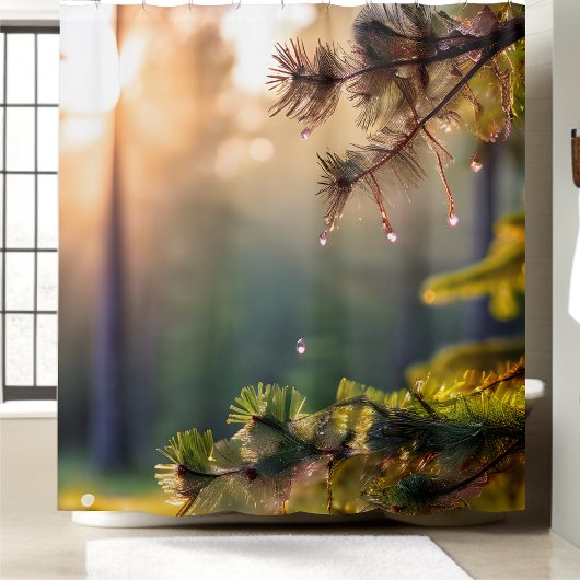 さわやかな松の木の水が森の背景をドロップ シャワーカーテン