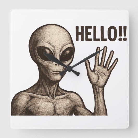 ざらざらした出会い：エイリアン挨拶 スクエア壁時計 (正面)