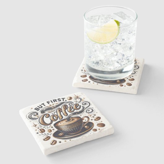 しかし最初のコーヒーアート – スタイリッシュ金ゴールドデザイン ストーンコースター (横)