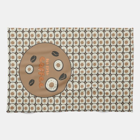 しかし最初のコーヒー霜の付いたドーナツ茶色 キッチンタオル (横)