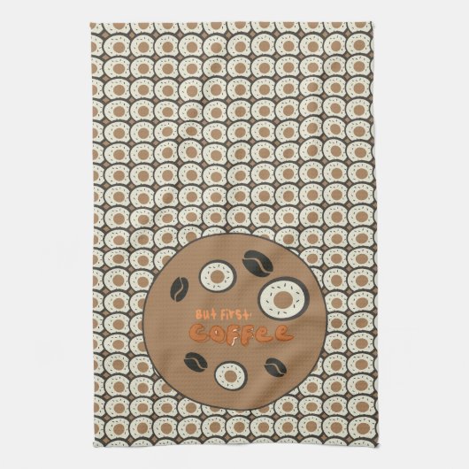 しかし最初のコーヒー霜の付いたドーナツ茶色 キッチンタオル (縦)