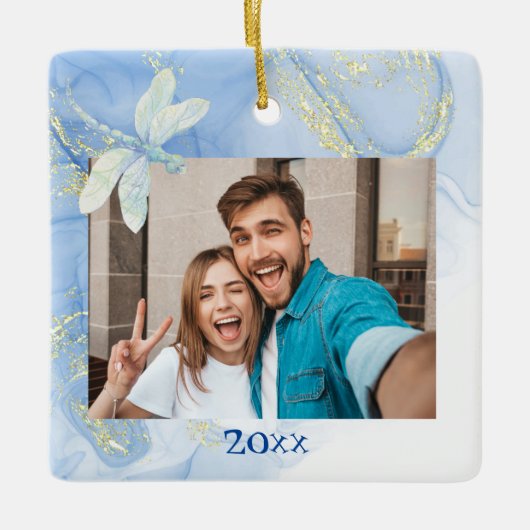 しかモダンしエレガントも青い金ゴールド旋回ドラゴンフライ セラミックオーナメント (正面)