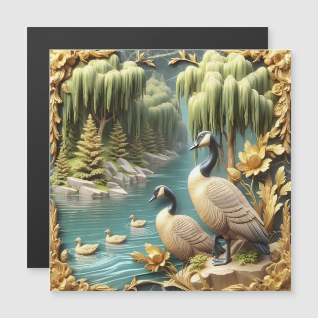 しだれ柳の中のカナダゲーゼ (正面/裏面)