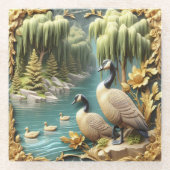 しだれ柳の中のカナダゲーゼ ガラスコースター (正面)