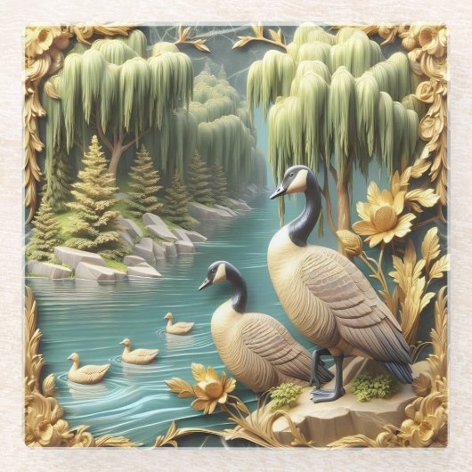 しだれ柳の中のカナダゲーゼ ガラスコースター (正面)