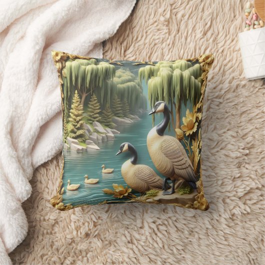 しだれ柳の中のカナダゲーゼ クッション (ブランケット)