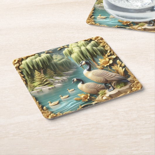 しだれ柳の中のカナダゲーゼ スクエアペーパーコースター (アングル)