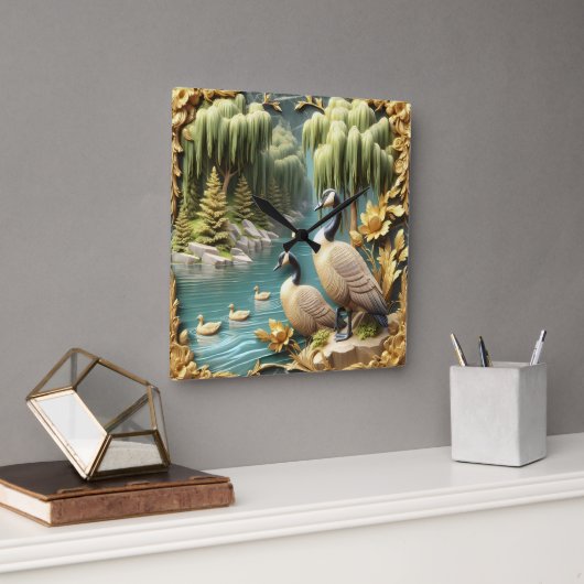 しだれ柳の中のカナダゲーゼ スクエア壁時計 (オフィス)