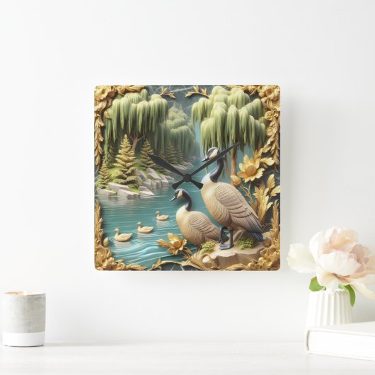 しだれ柳の中のカナダゲーゼ スクエア壁時計 (ホーム)