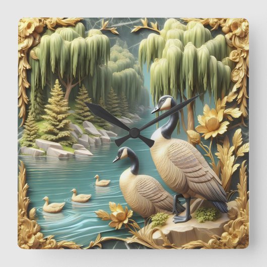 しだれ柳の中のカナダゲーゼ スクエア壁時計 (正面)