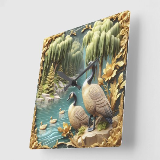 しだれ柳の中のカナダゲーゼ スクエア壁時計 (傾斜)