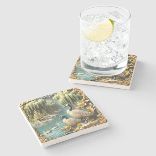 しだれ柳の中のカナダゲーゼ ストーンコースター (横)