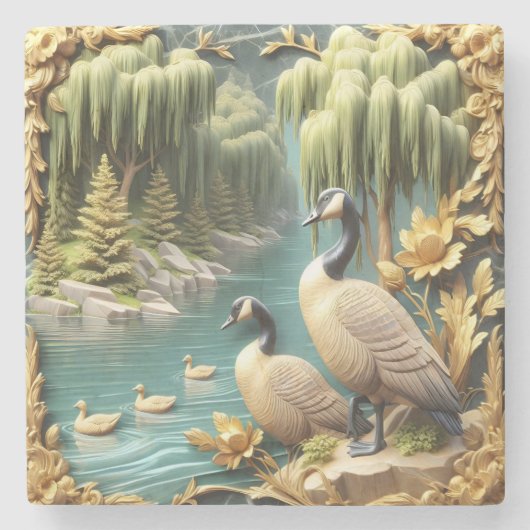 しだれ柳の中のカナダゲーゼ ストーンコースター (正面)