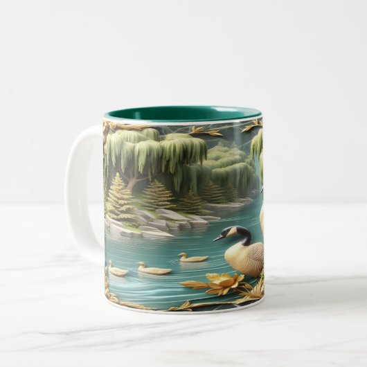 しだれ柳の中のカナダゲーゼ ツートーンマグカップ (正面左)